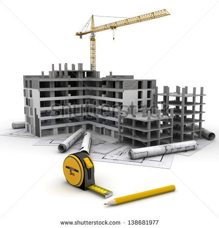 Building Under Construction With Crane On Top Of Blueprints   Stock