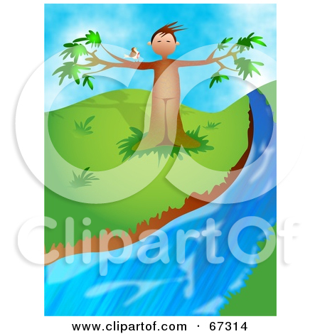 Clipart Illustration Of A Bird Perched On A Tree Man Beside A Creek By