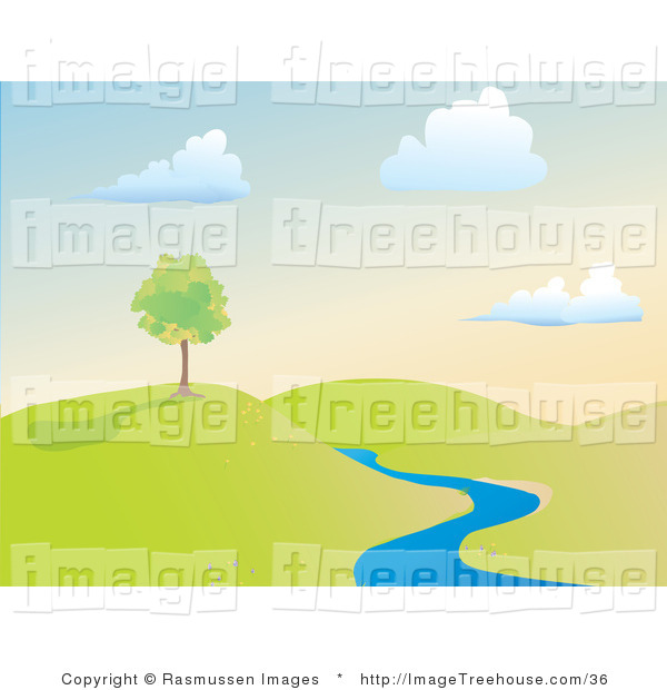 Clipart Of A Creek And Hilly Landscape   Royalty Free By Rasmussen