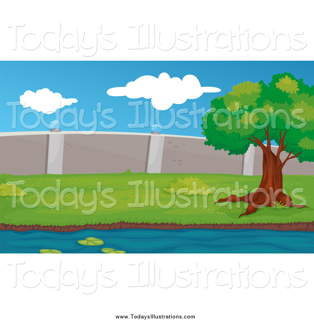 Larger Preview  Clipart Of A Tree Beside A Creek Near A Concrete Wall    