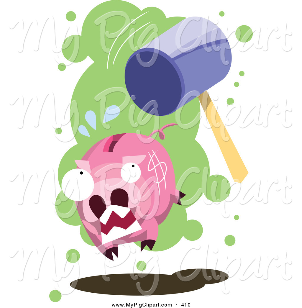 Swine Clipart Of A Big Stone Hammer Chasing After A Piggy Bank By