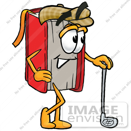 22609 Clip Art Graphic Of A Book Cartoon Character Leaning On A Golf
