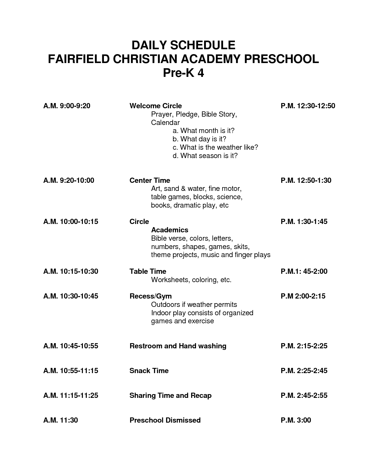Daily Schedule Fairfield Christian Academy Preschool Pre K A M By