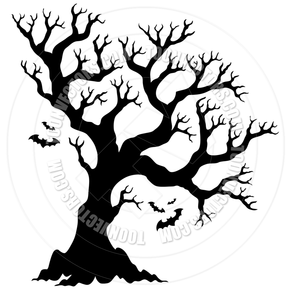 Cartoon Silhouette Halloween Tree With Bats By Clairev   Toon Vectors