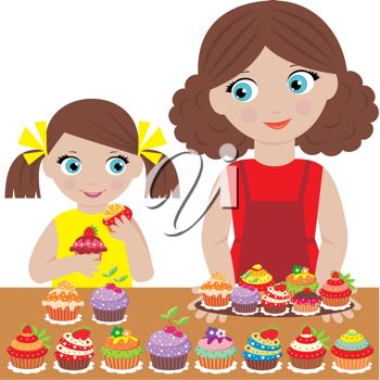 Clip Art Illustration Of A Mother And Her Daughter Making Cupcakes