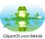 Cute Frog Sitting On A Lily Pad With His Reflection On The Water By