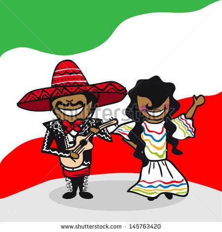 Mexican Man And Woman Cartoon Couple With National Flag Background