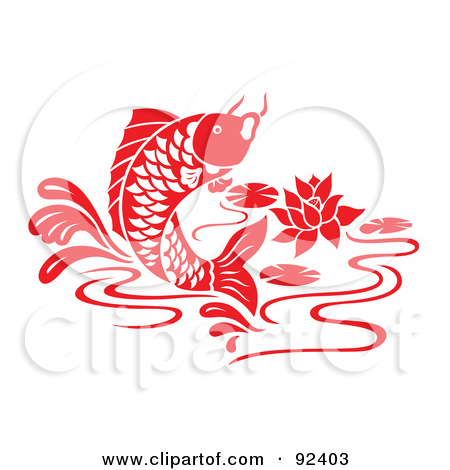 Red Chinese Styled Koi Fish Jumping In A Lily Pond By Cherie Reve