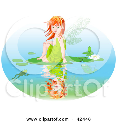 Red Haired Fairy Girl Sitting On A Lily Pad On A Pond By Pushkin