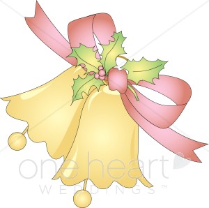 Two Golden Bells Tied With Pink Ribbon And Holly Leaves And Berries