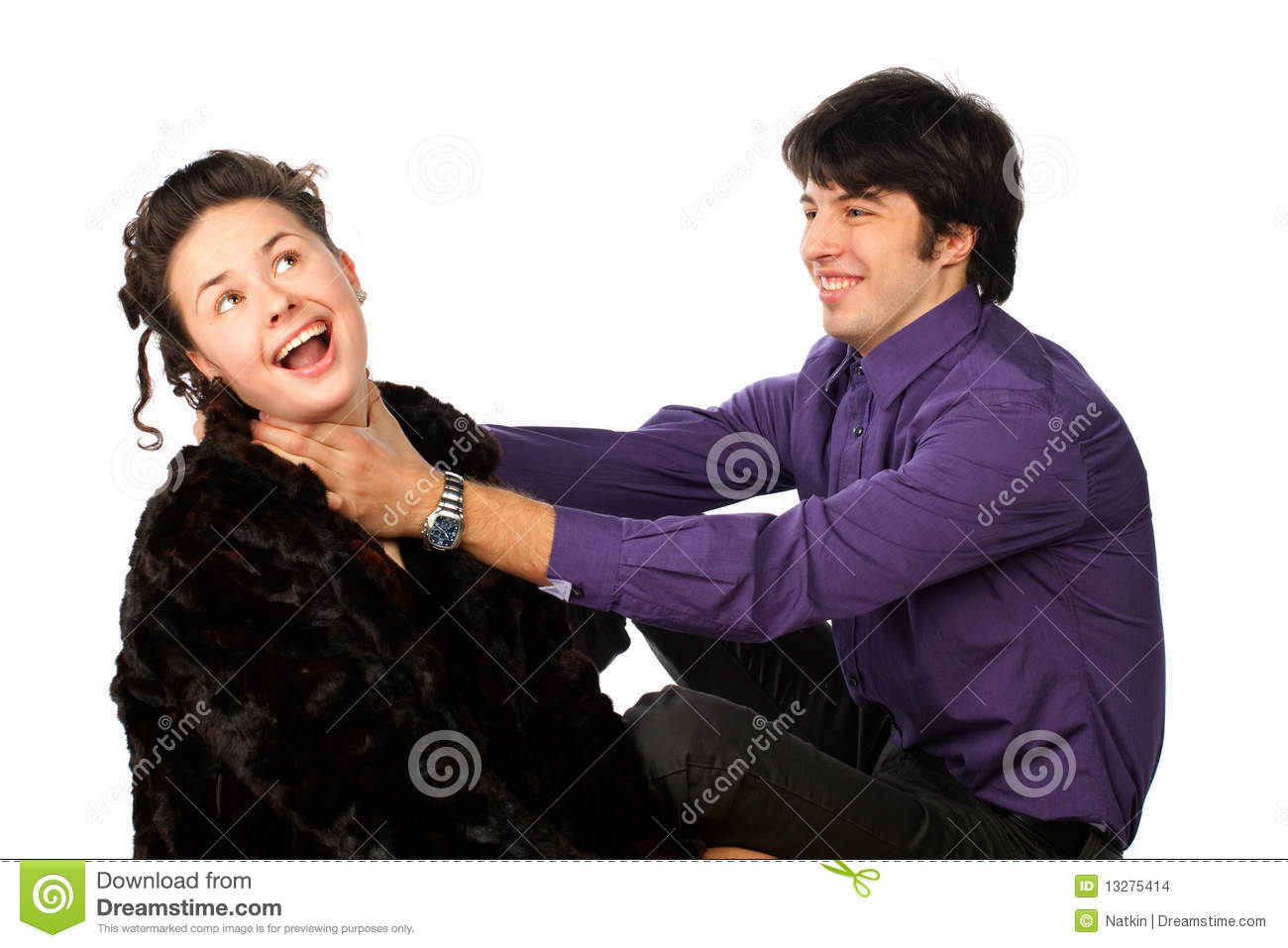 Young Man And Woman Man Strangling A Woman Isolated In White 