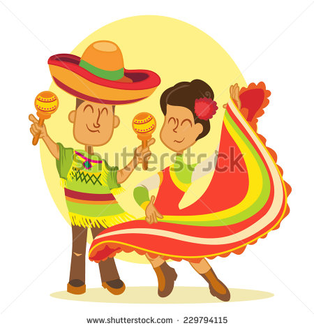 Funny Couple Of Cartoon Dancing Mexicans In National Costumes  Vector