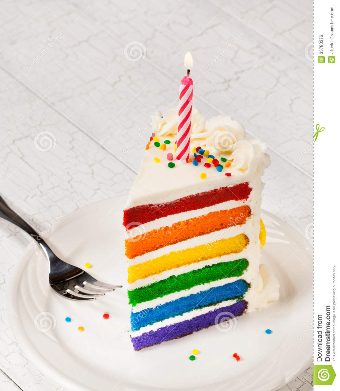 Slice Of Colourful Rainbow Layered Birthday Cake Decorated With