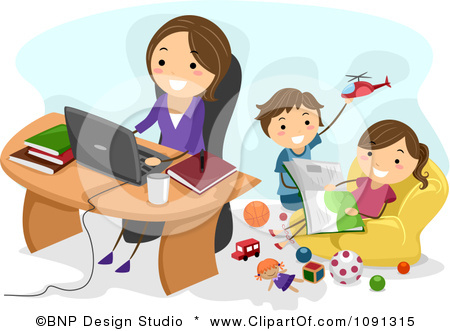 1091315 Clipart Happy Mom Working At Home As Her Kids Play Behind Her