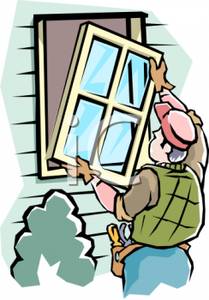 Carpenter Replacing A Window In A House   Royalty Free Clipart Picture