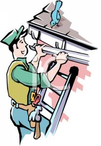 Cartoon Of A Homeowner Reparing Gutters   Royalty Free Clipart Picture