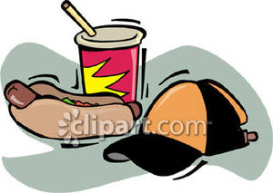 Hot Dog With A Drink And A Baseball Cap   Royalty Free Clipart Picture