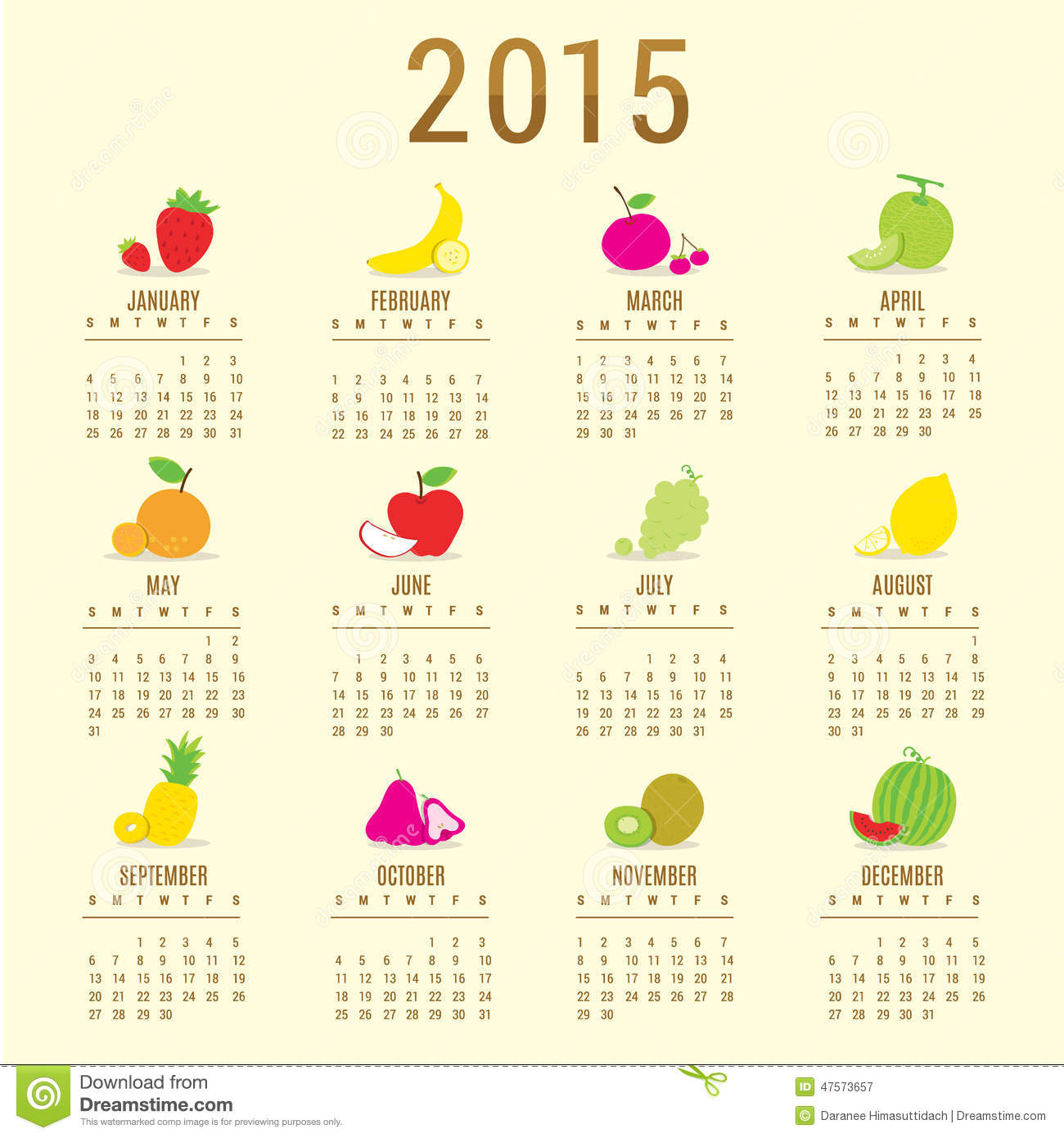 Calendar 2015 Fruit Cute Cartoon Vector Stock Vector   Image  47573657