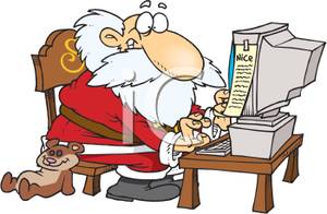 Cartoon Of Santa Making His Naughty And Nice List On A Computer