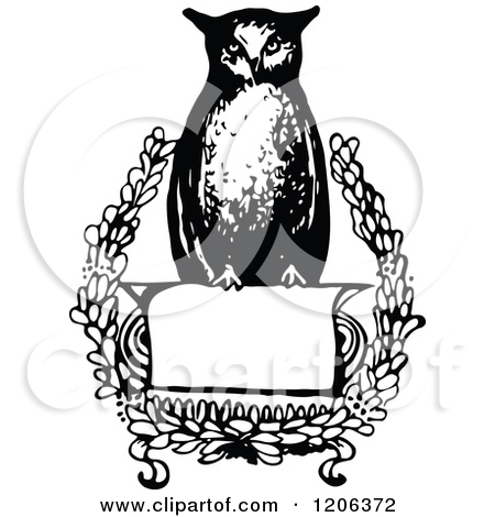 Clipart Of A Vintage Black And White Wise Owl Sign   Royalty Free