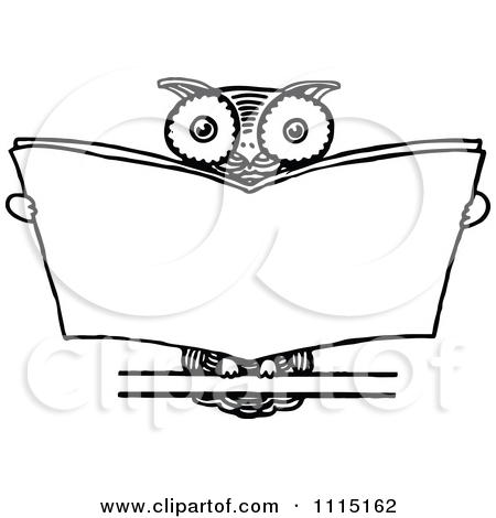 Clipart Vintage Black And White Wise Owl Reading   Royalty Free Vector