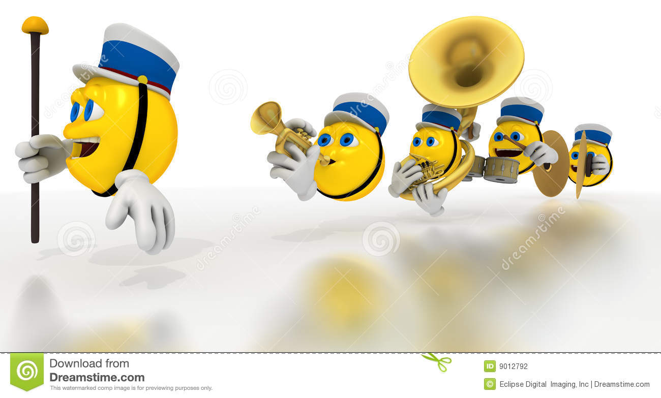 Line Of Yellow Emoticons Play Marching Band Instruments And Drums