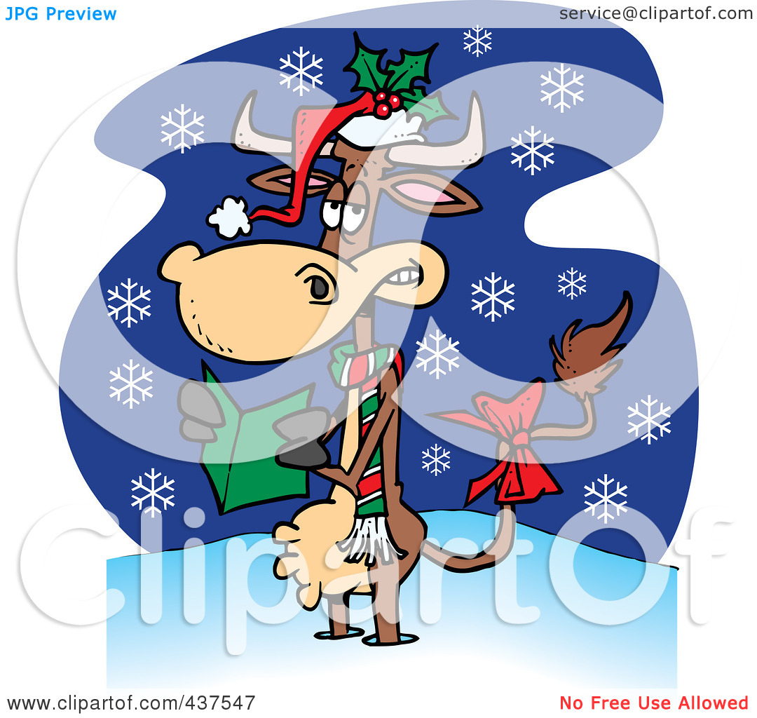 Clip Art Illustration Of A Christmas Cow In The Snow By Ron Leishman
