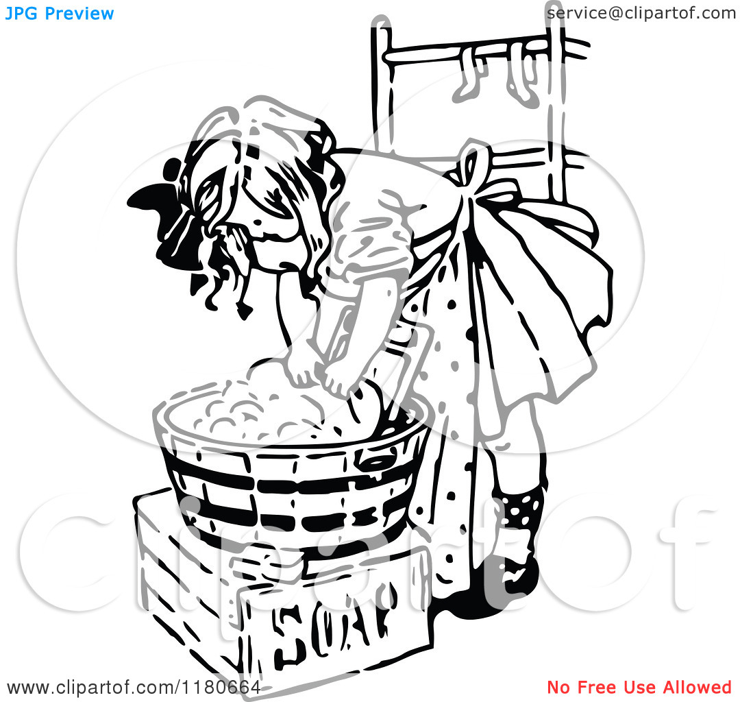 Clipart Of A Retro Vintage Black And White Girl Washing Laundry