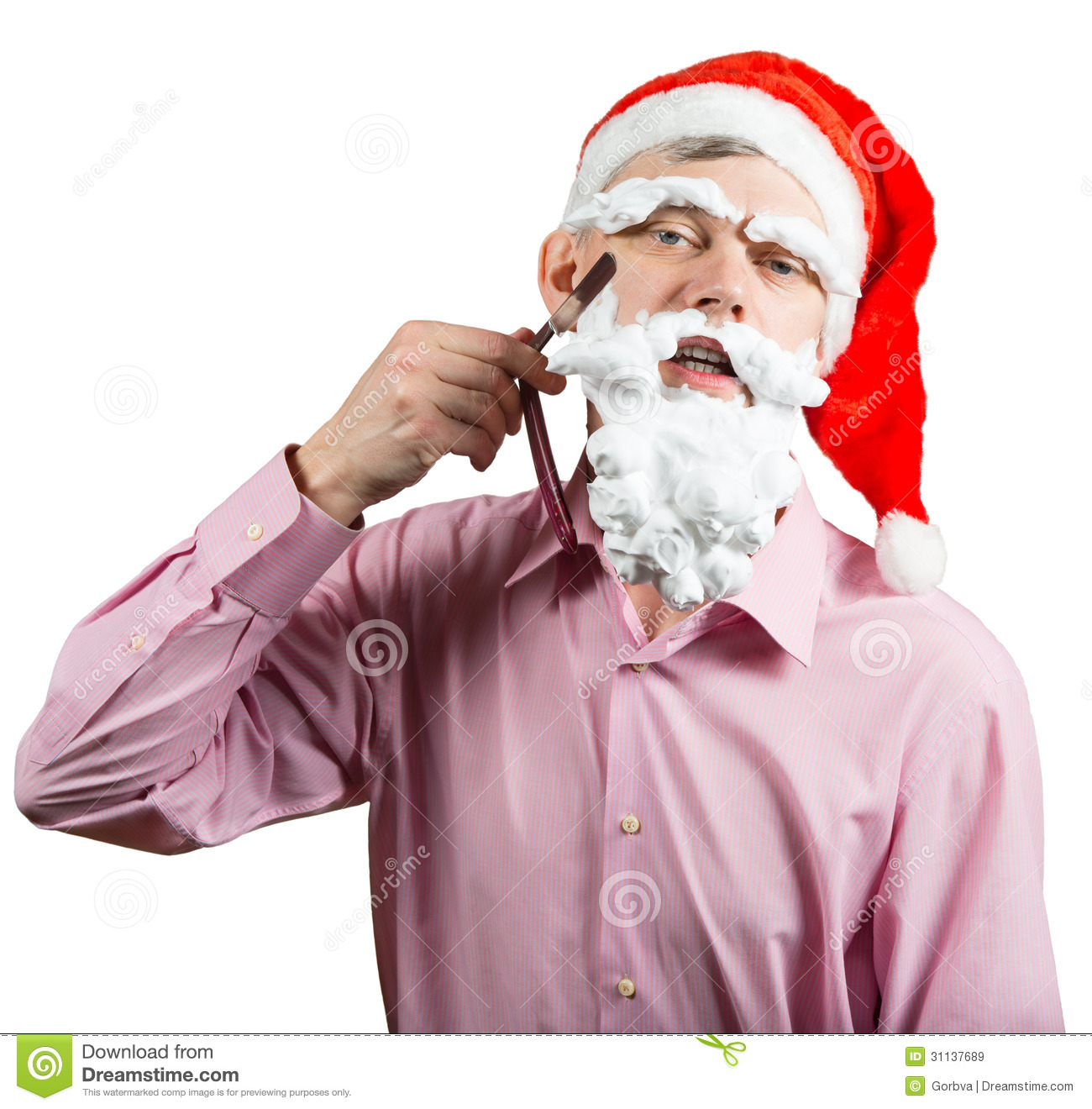 Man In Santa Hat Shaving His Foam Beard By Cutthroat Blade  Isolated