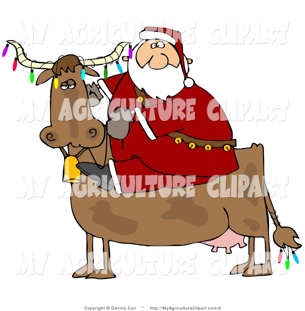 Vector Agriculture Clipart Of Santa Claus Riding A Brown Cow Decorated