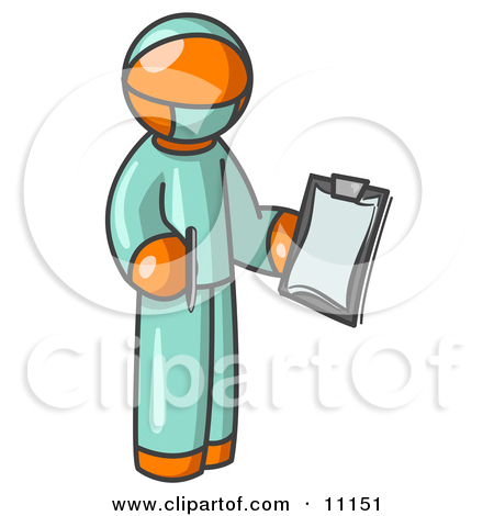 Surgeon Man In Green Scrubs Holding A Clipboard Clipart Illustration