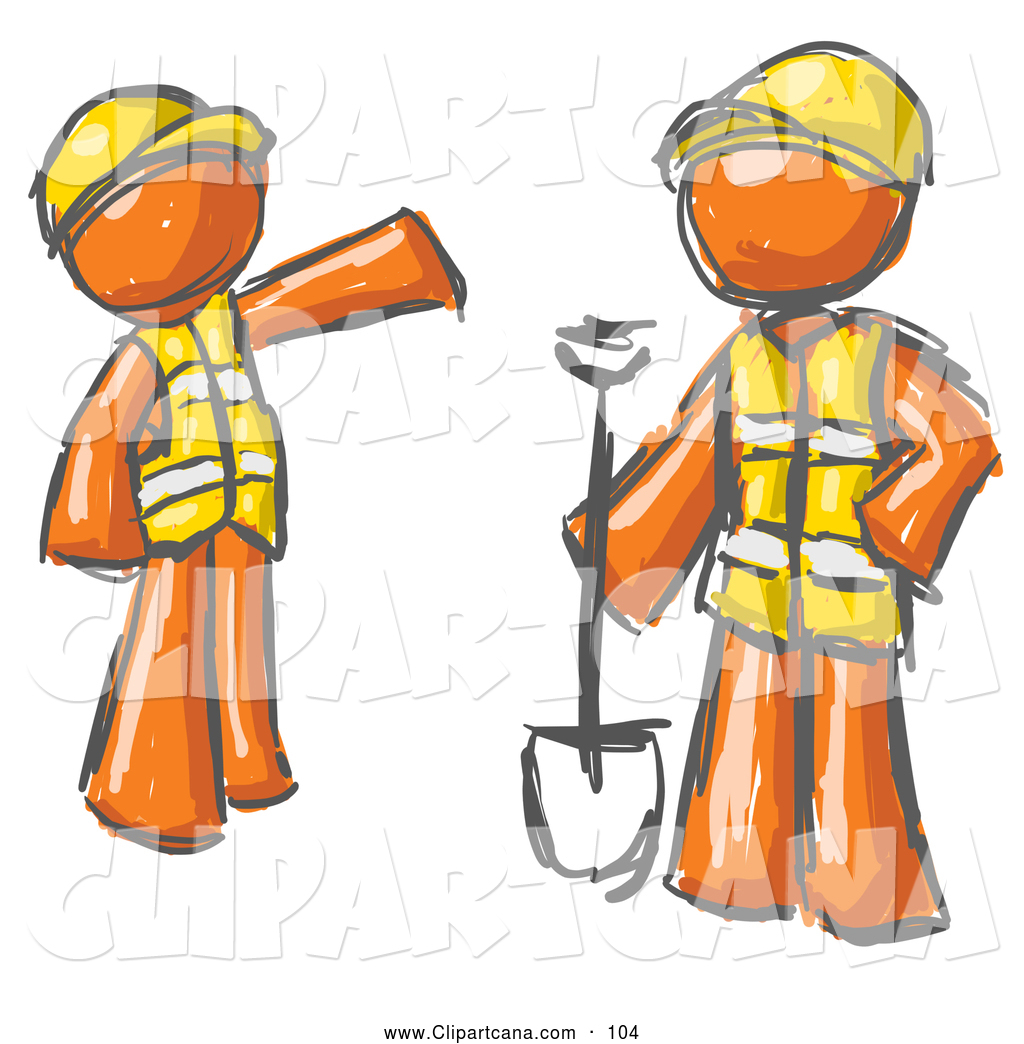 Clip Art Of A Pair Of Painted Orange Men In Hardhats And Vests Working    