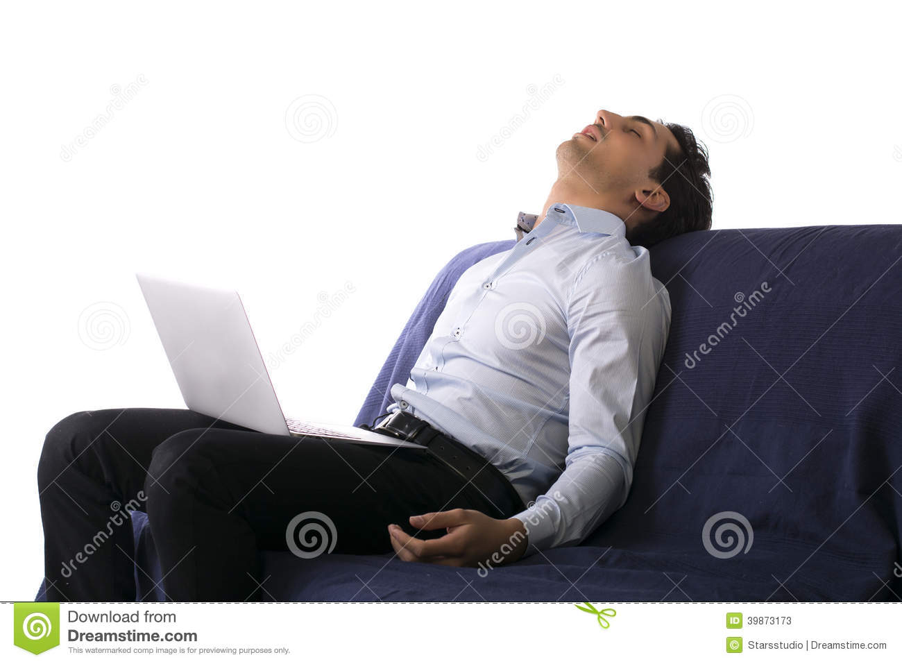 Young Man Fell Asleep On Couch White Working On Laptop Computer Stock