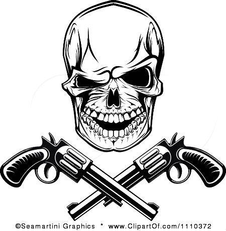 1110372 Clipart Black And White Gangster Skull With Crossed Pistols