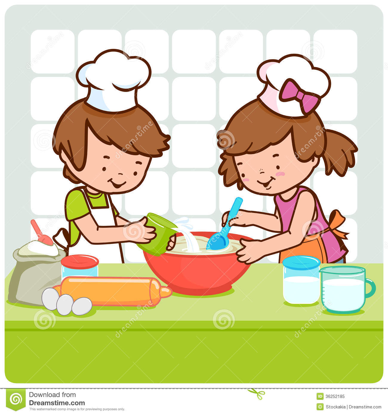 Little Boy And A Little Girl Cooking Together In The Kitchen
