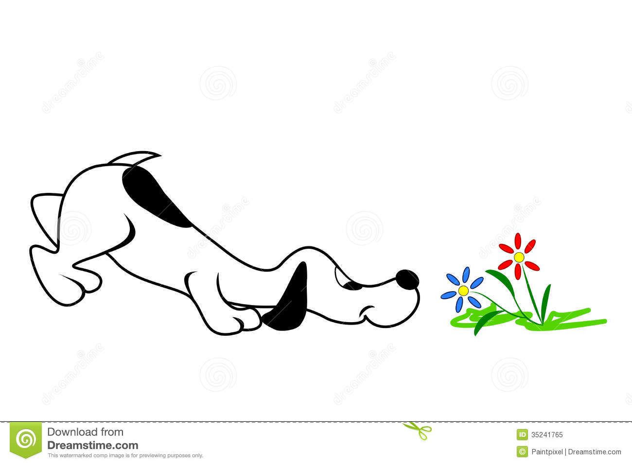 Cartoon Dog Smelling Flowers With Nose Close To The Ground