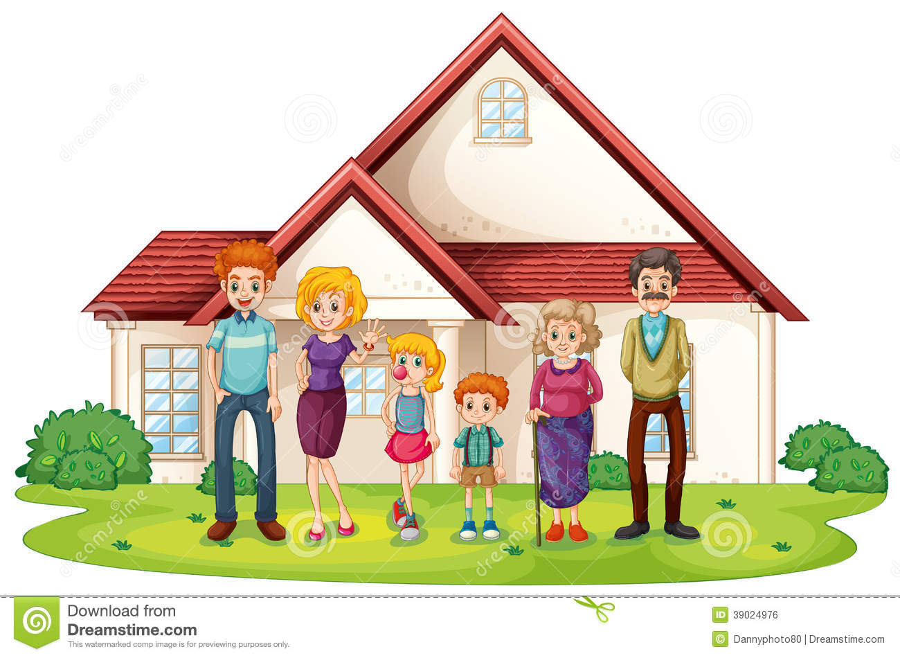 Illustration Of A Family In Front Of Their Big House On A White