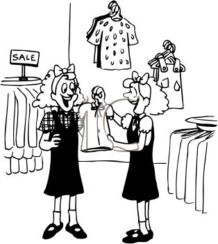 Black And White Cartoon Of Twin Girls Clothes Shopping   Royalty Free