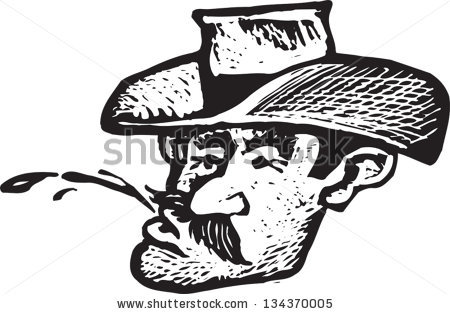 Black And White Vector Illustration Of Cowboy Spitting Chewing Tobacco