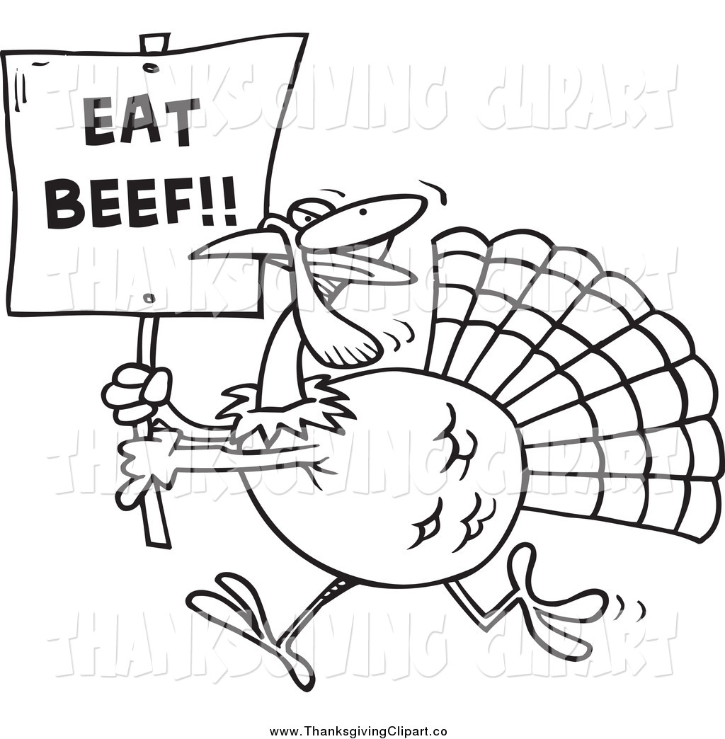Clip Art Of A Black And White Running Turkey With An Eat Beef Sign By