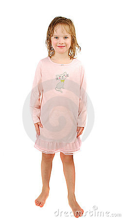 Little Blond Girl Wearing A Pajamas With Wet Hairs Isolated On The