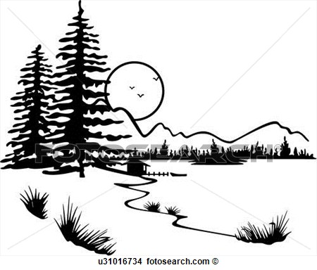 Clipart Of  Illustrated Panels Country Forest Lake Moon Panals