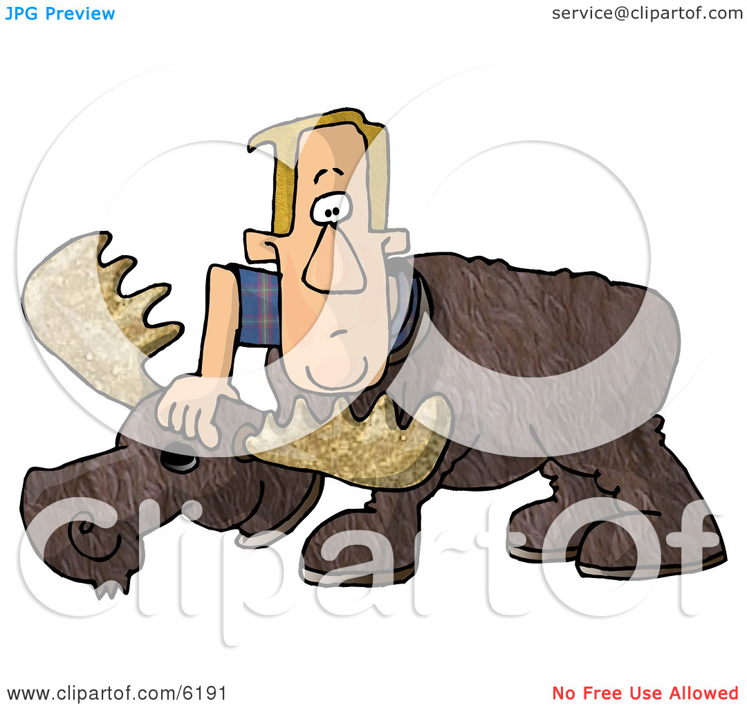 Man Putting On A Realistic Halloween Moose Costume Clipart Picture By