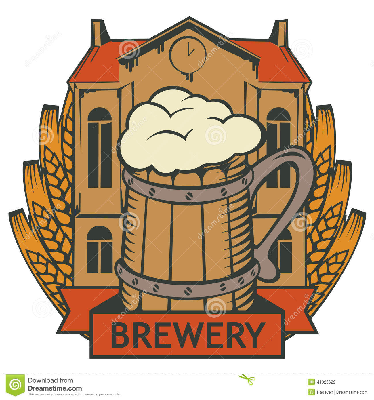 Retro Emblem With Brewery Building A Glass Of Beer And Wheat Wreath