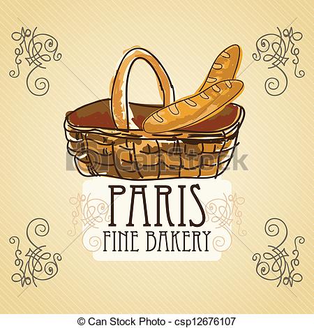 Vector Clipart Of Bakery Icons   French Bread In Basket On Vintage    