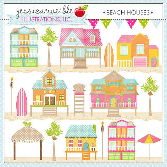 Beach Houses Cute Digital Clipart For Card Design Scrapbooking And