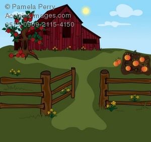Clip Art Illustration Of A Farm With A Red Barn And A Pumpkin Patch