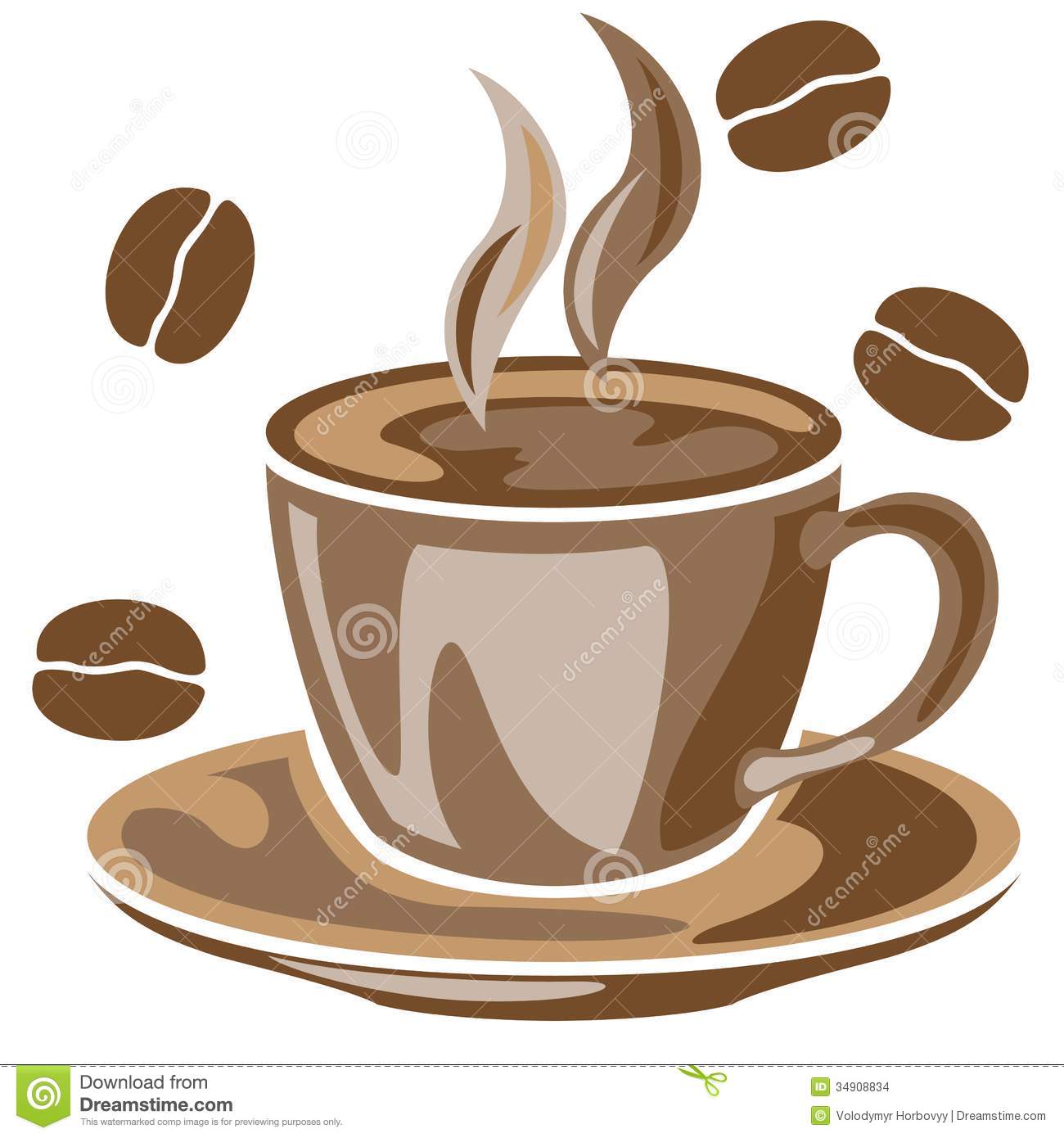 Steaming Cup Of Coffee And Coffee Beans Drawing