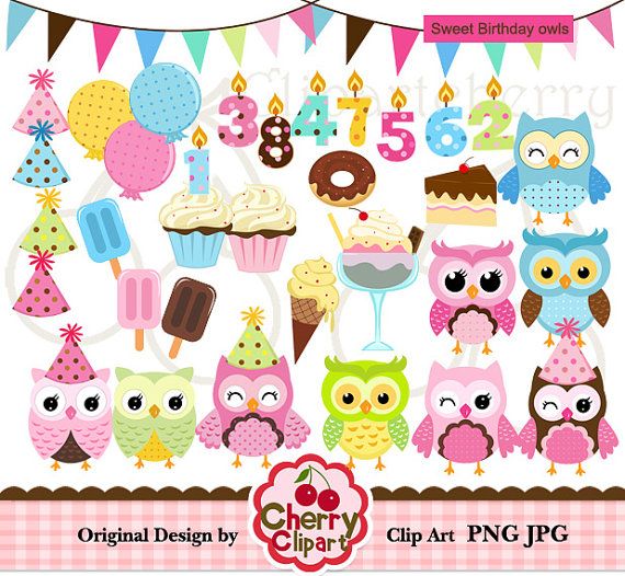Sweet Birthday Owl Digital Clipart Set For  Personal And Commercial U