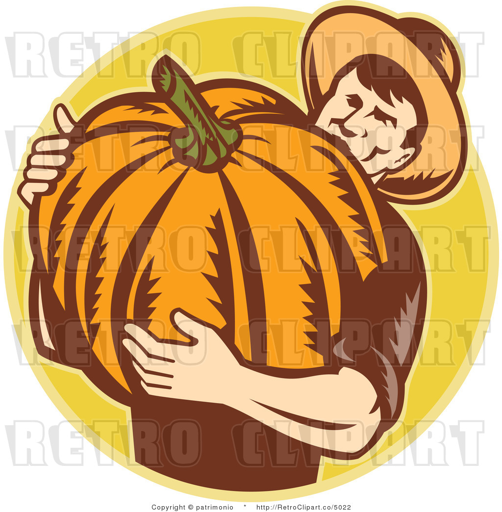 Vector Retro Clipart Of A Farmer Carrying A Big Pumpkin